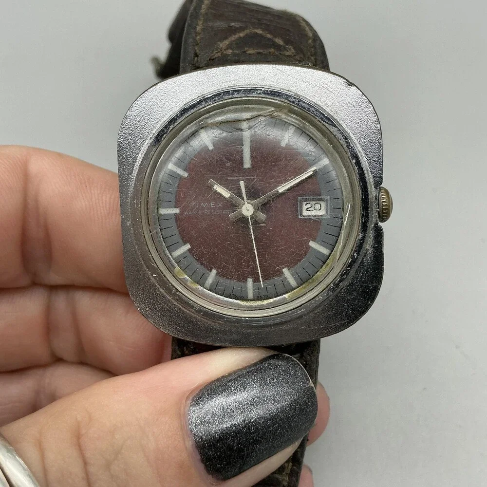 Timex Mariln UFO Mens Watch 36mm Brown Dial Date Leather Manual Wind For Parts